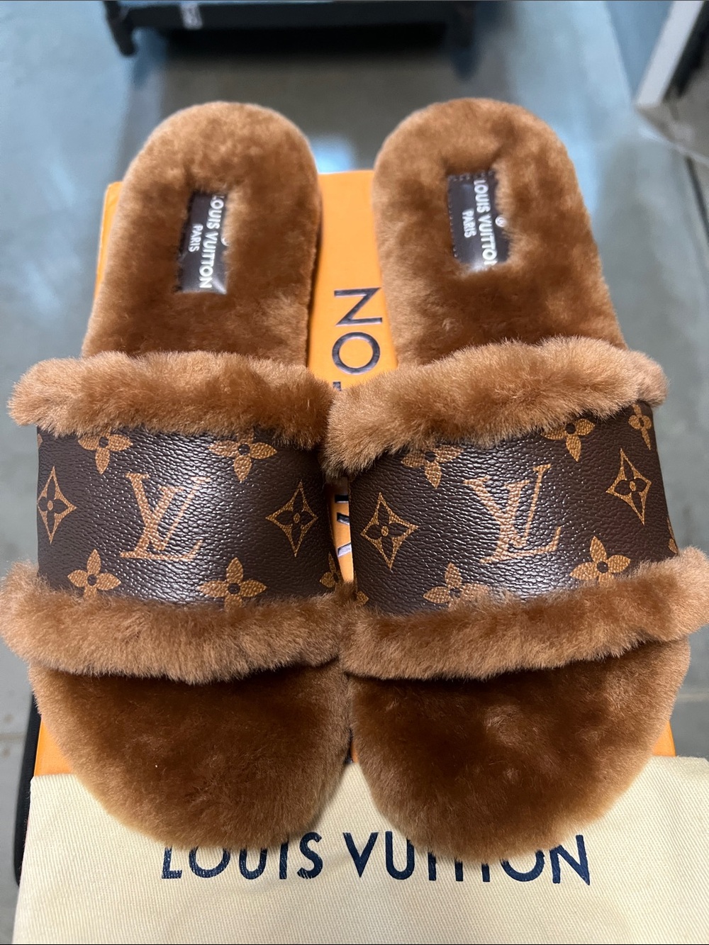 LV Brown Monogram Fur Slide Slippers